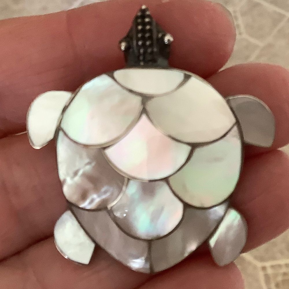 𝅺sterling SILVER 925 MOTHER OF PEARL TORTOISE SHELL LARGE PENDANT​​ - Picture 3 of 8